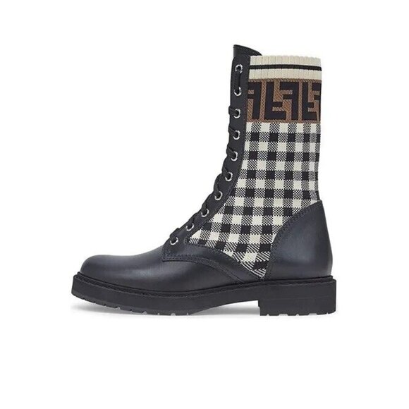 Fendi Rockoko Logo Combat Knit Domino Signature Biker Combat Boots 36/38.5 - Picture 3 of 10